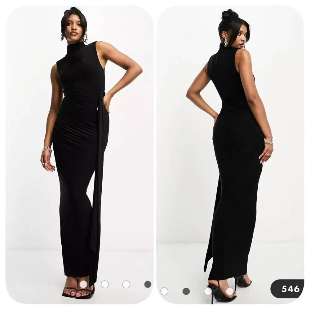 NWOT Naked Wardrobe ruched shoulder detail draped maxi dress in black Sz S